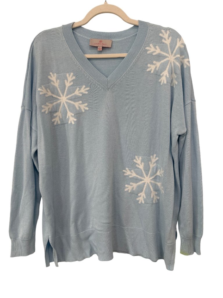 Laurie Felt Sweater Size Large Cashmere Blend Novelty Pullover Blue Snowflakes